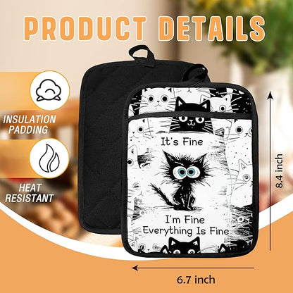 Funny Black Cat Pot Holders with Pockets Set of 2, It's Fine Sarcastic Cat Oven Pot Holders Heat Resistant Oven Mitts Hot Pads for Kitchen Baking Cooking