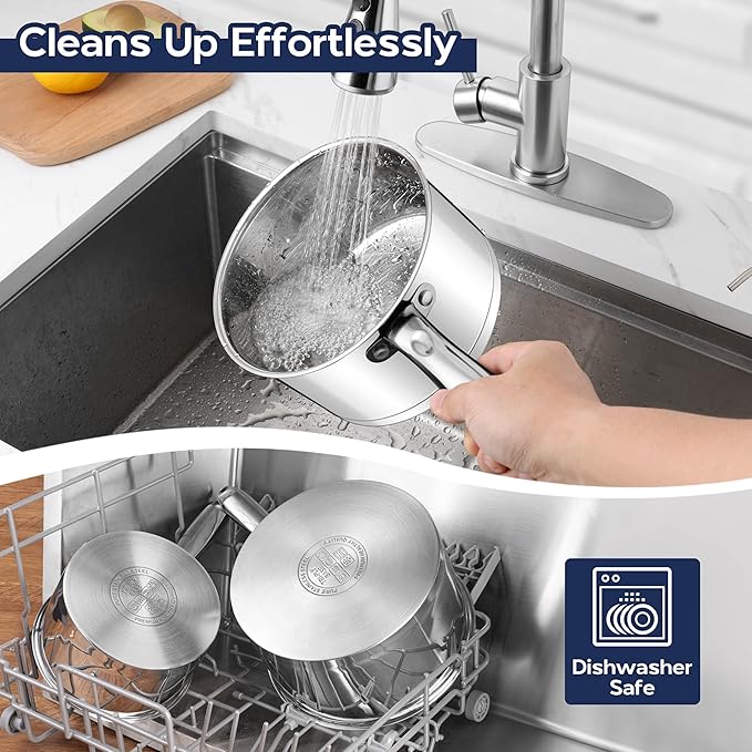 LIANYU Stainless Steel Saucepan Set of 2, 1QT & 3QT Sauce Pan with Lid, Tri-Ply Bottom Milk Pot, All Stove Compatible, Oven & Dishwasher Safe