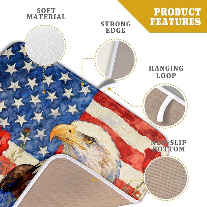 4th of July American Flag Eagle Dish Drying Mat for Kitchen Counter 16x18 Patriotic Floral Memorial Day Absorbent Reversible Microfiber Drying Mats Kitchen Countertop Protector Dishes Drainer Pad - Image 4