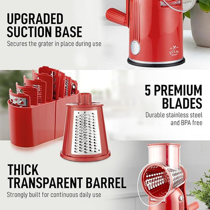 Zulay Kitchen Rotary Cheese Grater 5 Blade Cheese Shredder - Manual Hand Crank Cheese Grater With Reinforced Suction & 5 Interchangeable Drums - Easy to Use, Vegetable Chopper Round Mandoline Slicer - Image 8