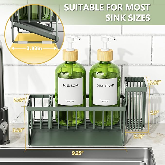 Cisily Sage Green Kitchen Dish Soap Dispenser, 16 fl Oz Dual Kitchen Soap Dispensers with Sponge Holder, Customized Stainless Steel Kitchen Soap Dispenser Set, Modern Hand and Dish Soap Bottle Set - Image 5
