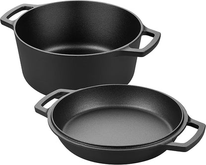 VORRINGARD Pre-seasoned Cast Iron Double Dutch Oven Pot with Skillet Lid, Dual-handle, for Bread Baking, Outdoor, Campfire Cooking, 5 Quart - Image 2