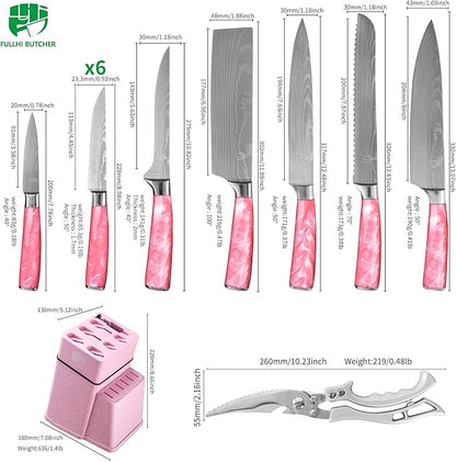 FULLHI 14pcs Block Knife Set, Chef's Knife Steak Knives Set with Block and Sharpener, Kitchen Knife Set, Multi-colour Handle, Gifts for Men Women