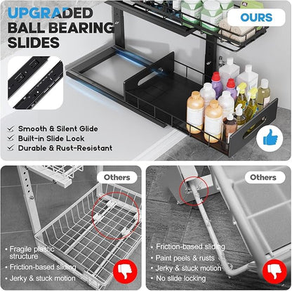 Under Sink Organizer Upgrade To Professional Rails,2-Tier Dual Pull Out Cabinet Storage,Height Adjustable Slide Out Drawers For Bathroom Kitchen,2 Pack-16.7"Dx12.8"-16.9"H,Black - Image 3