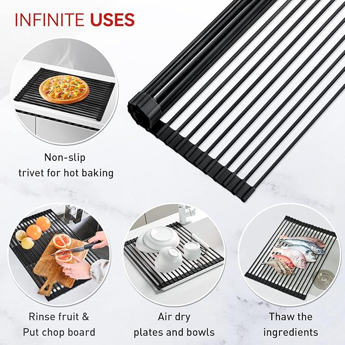 MERRYBOX Roll Up Over The Sink Dish Drying Rack Silicone Wrapped Foldable, Heat-Resistant, Anti-Slip Sink Rack Multipurpose Dish Drainer for Kitchen Sink Counter - Black, 17.5" x 11" - Image 6