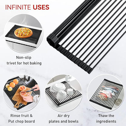 MERRYBOX Roll Up Over The Sink Dish Drying Rack Silicone Wrapped Foldable, Heat-Resistant, Anti-Slip Sink Rack Multipurpose Dish Drainer for Kitchen Sink Counter - Black, 17.5" x 11" - Image 6