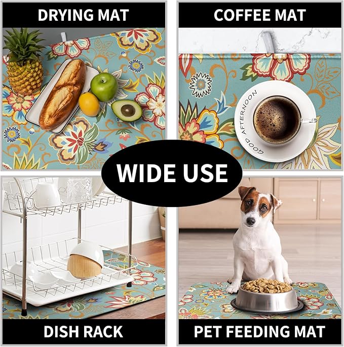 Boho Floral Kitchen Dish Drying Mat for Dishes 16x18 Inch Vintage Mandala Colorful Flowers Drying Mat Green Bohemian Dish Drainer Mat Super Absorbent Dish Rack Pad for Coffee Bar Sinks - Image 7