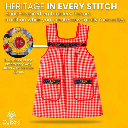 Cuitáxi Traditional Mexican apron for women with deep pockets and beautiful flower embroidery 1 piece - Mandiles para mujer