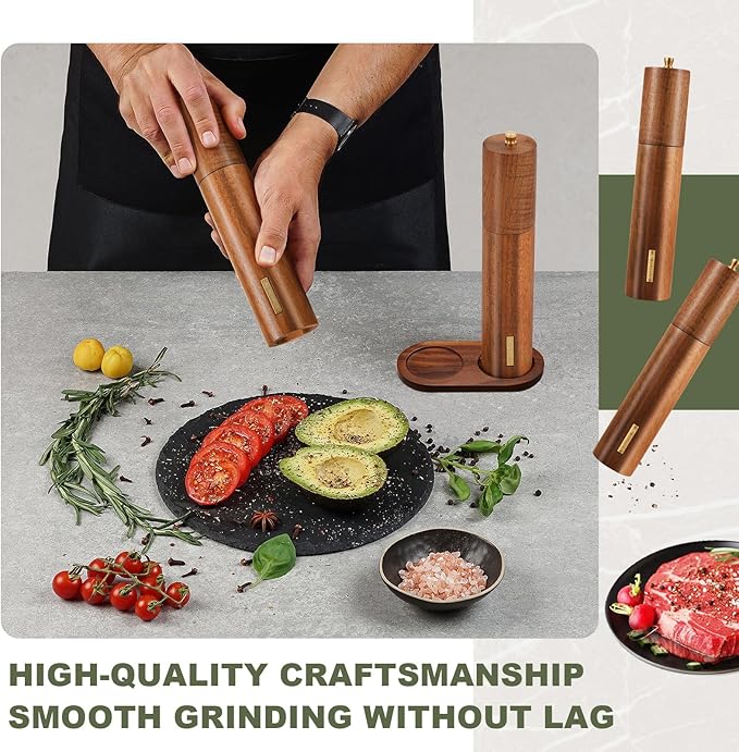 Wooden Salt and Pepper Grinder Set 11.8 Inch Manual Salt and Pepper Mill with Tray Adjustable Coarseness and Refillable Wood Grinders with Gold Bottle Label for Kitchen(Wood Color) - Image 2