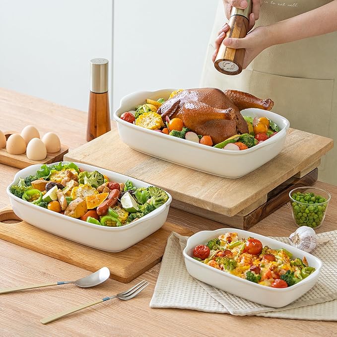 3-Pack Ceramic Baking Dishes Set,Heavy-Duty Oven-Safe Stoneware,Deep Rectangular Casserole Pans for Lasagna & Baking,High Heat Resistant,Handcrafted Glazed Finish (13.8''/12''/9.6'' Pure Off-White) - Image 2