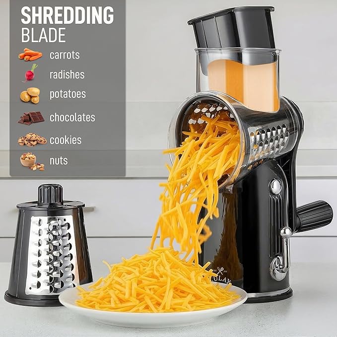 Zulay Kitchen Rotary Cheese Grater 5 Blade Cheese Shredder - Manual Hand Crank Cheese Grater With Reinforced Suction & 5 Interchangeable Drums - Easy to Use, Vegetable Chopper Round Mandoline Slicer - Image 3