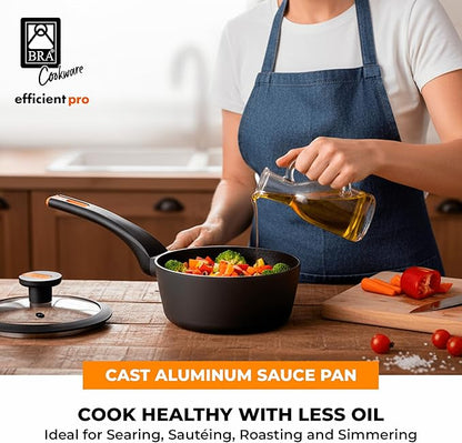 BRA COOKWARE Efficient Pro Nonstick Saucepan w/Lid | 6.3 Inch 1.13 Quart Shallow Pot | 3-Layer Scratch Resistant Coating | PFOA Free Low Pot | All Cooktops Soup Pan | Ergonomic Heat-Resitant Handles