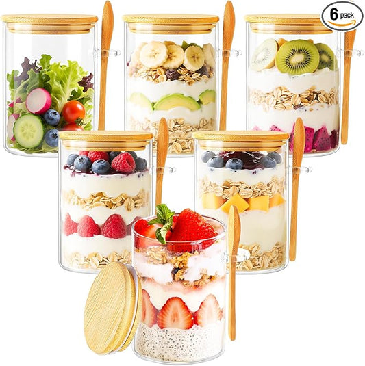 TBWIND 6 Pack Overnight Oats Containers with Lids and Spoons, 16oz Glass Jars with Bamboo Lids, Airtight Meal Prep Yogurt Containers for Breakfast, Parfait, Salad, Chia Pudding