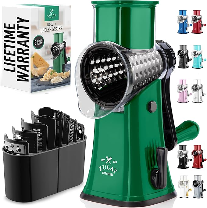 Zulay Kitchen Rotary Cheese Grater 5 Blade Cheese Shredder - Manual Hand Crank Cheese Grater With Reinforced Suction & 5 Interchangeable Drums - Easy to Use, Vegetable Chopper Round Mandoline Slicer by ZulayKitchen