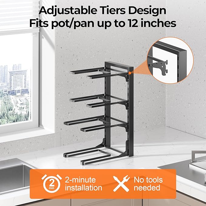 MUDEELA 2 Pack Pots and Pans Organizer under Cabinet, 4-Tier Heavy Duty Pan Organizers inside Cabinet Kitchen Storage, Adjustable Pot Rack Holds up to 44 LB Cast Iron Skillets Shallow Cookware - Image 4