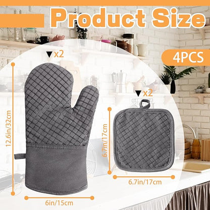 4 Pcs Oven Mitts and Pot Holders,High Heat 500°F Resistant Glove Potholder with Thick Cotton,Silicone Non-Slip Surface Long Kitchen Oven Glove for Cooking Baking Grilling(Grey) - Image 2