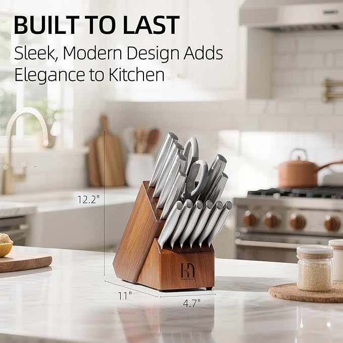 KnifeSaga Kitchen Knife Set 14 Piece Premium Japanese High Carbon Stainless Steel Knife Block Sets with Built-in Sharpener, Razor Sharp Knives Set for Kitchen, Quality Acacia Wood Block Knife Set - Image 7