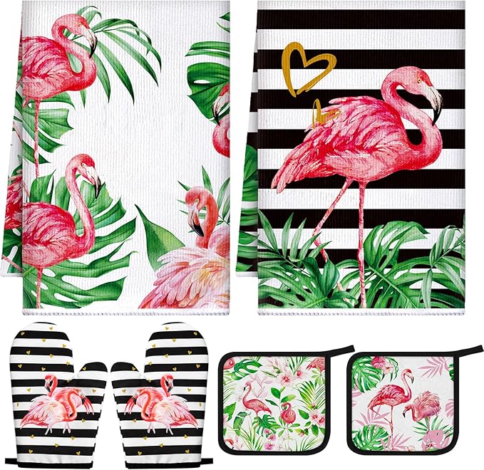Bencailor 6 Pcs Flamingo Kitchen Towels Oven Mitts and Pot Holders Set Decorative Dish Towels Tea Washcloth Non Slip Heat Resistant Oven Gloves for Summer Home Cooking Baking, Pink by Bencailor