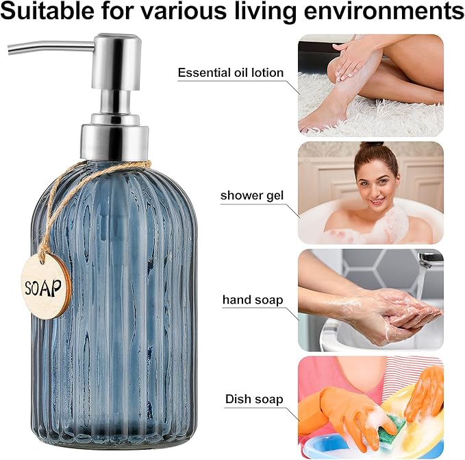 MOCLIF 16 OZ Soap Dispenser，Tempered Glass Clear Vertical Stripe with 304 Rust Proof Stainless Steel Pump Refillable Liquid Hand Soap Dispenser，for Bathroom, Kitchen, Dish Soap，Lotion (Blue Grey) - Image 4