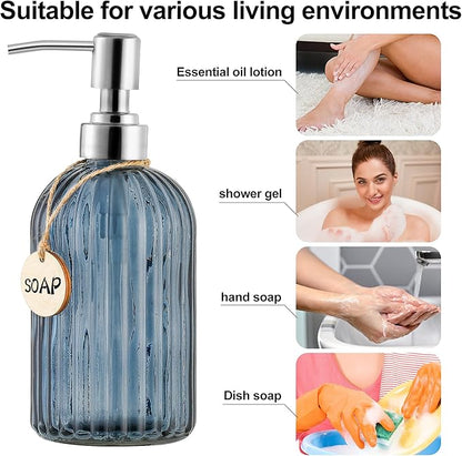 MOCLIF 16 OZ Soap Dispenser，Tempered Glass Clear Vertical Stripe with 304 Rust Proof Stainless Steel Pump Refillable Liquid Hand Soap Dispenser，for Bathroom, Kitchen, Dish Soap，Lotion (Blue Grey) - Image 4