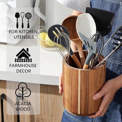 Acacia Wood Utensil Holder for Kitchen Counter, 360° Rotating 7.2" Wooden Cooking Utensil Crock for Countertop, Farmhouse Kitchen Decor - Image 4