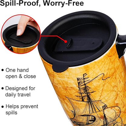 Topadorn Ceramic Travel Mug with Lid and Handle - 17 Oz Coffee Mug Ceramic Latte Teacup with Color Box, Splash Resistant Lid –Coffee Cup for Car Cup Holder, Sailboat