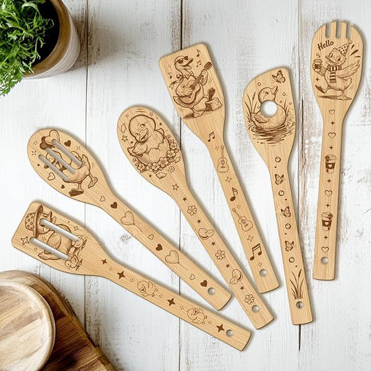 CUTHOLLOW 6PCS Funny Duck Wooden Kitchen Cooking Utensil Set, 11.9in Non Toxic Bamboo Wood Spoon Set for Cooking, Best Housewarming Birthday Thanksgiving Christmas Gift for Women Mother