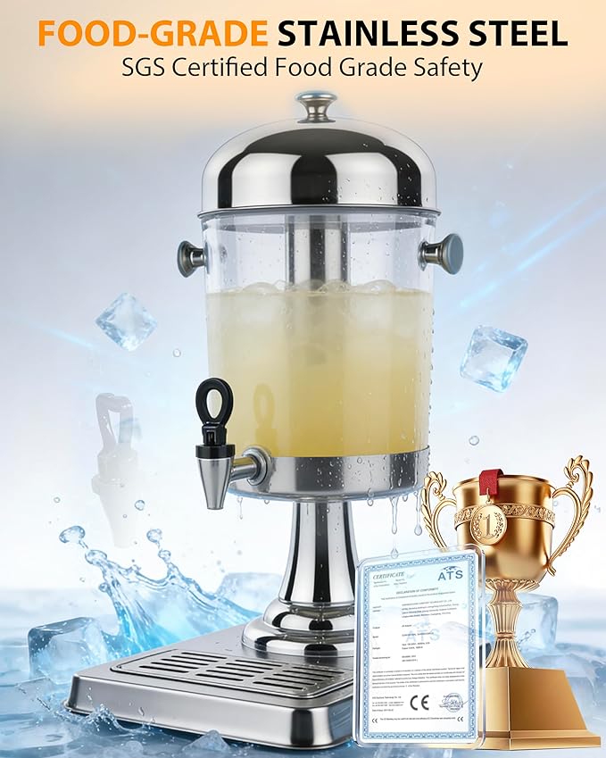 Beverage Dispenser with Stand,2 Gallon Drink Dispenser for Parties,Events,Buffet &Self-Serve,Dual Ice Tube Core Fruit Infuser,Leakproof Spigot,Clear PC Container,Stainless Steel Lid&Base - Image 2