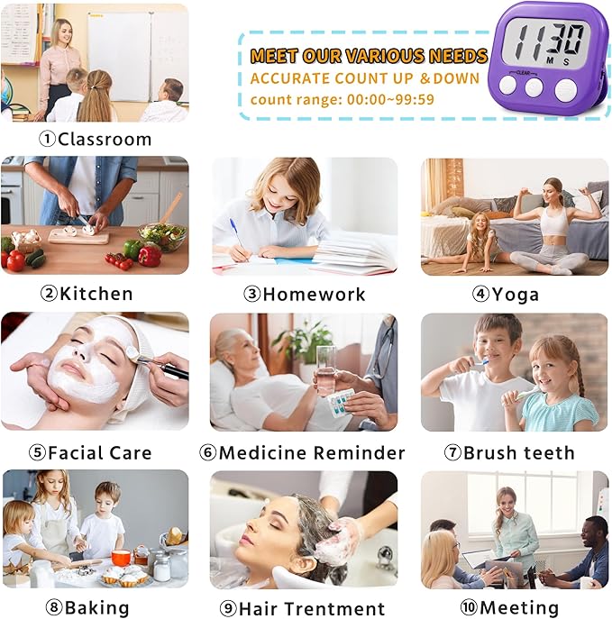 Timer for Kids Teachers Supplies Digital Kitchen Timers for Cooking Large Magnetic Classroom Timer 2Pack-Blue Purple