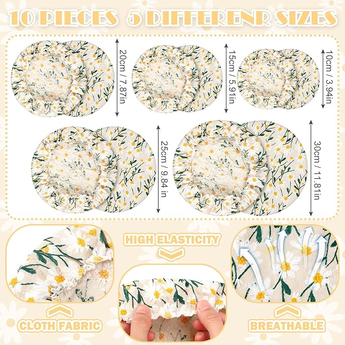 Patelai 10 Pcs Bowl Covers Reusable in 5 Size Stretch Cloth Fabric Elastic Food Storage Bowl Covers Bread Sourdough Lids for Proofing Food Fruits Leftover(Yellow, Green, White,Chrysanthemum) - Image 6