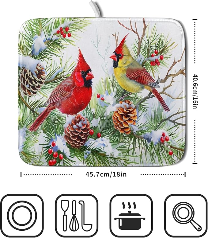 Giwawa Red Birds Dish Drying Mat, Xmas Tree Branch Holly Red Berries Dish Drainer Mats, Winter Snow Pine Cones Reversible Dish Drying Rack Pad Protector for Kitchen Countertop Decor, 16"x18"