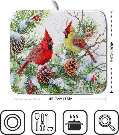 Giwawa Red Birds Dish Drying Mat, Xmas Tree Branch Holly Red Berries Dish Drainer Mats, Winter Snow Pine Cones Reversible Dish Drying Rack Pad Protector for Kitchen Countertop Decor, 16"x18"
