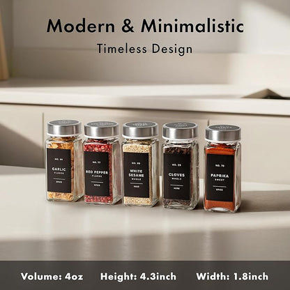 EDELHAUS Glass Spice Jars with Labels and Steel Lids (24 x 4oz) Spice Containers with 240 Label, Steel Funnel, Shaker Inserts, Empty Square Seasoning Organizer for Spice Rack, Cabinet, Drawer - Image 2