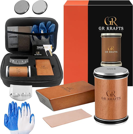 GR Kraft Rolling Knife Sharpener Kit with 1000 & 3000 Grit Diamond Discs, Magnetic Angle Guide 15-20 degree for Kitchen Knives, Finger Protector, Leather Strop & Carry Bag