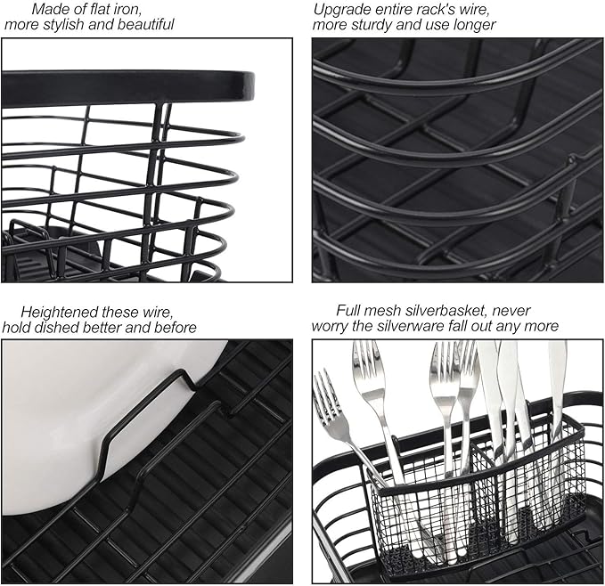 TQVAI Kitchen Dish Drainer Rack with Drying Board and Full-Mesh Silverware Utensils Holder, Black - Image 7