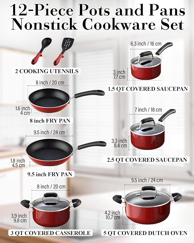 Cook N Home Pots and Pans Nonstick Cookware Set 12-Piece, Kitchen Cooking Set with Frying Pans and Saucepans, Induction Compatible, Marble Red - Image 2
