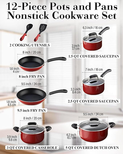 Cook N Home Pots and Pans Nonstick Cookware Set 12-Piece, Kitchen Cooking Set with Frying Pans and Saucepans, Induction Compatible, Marble Red - Image 2