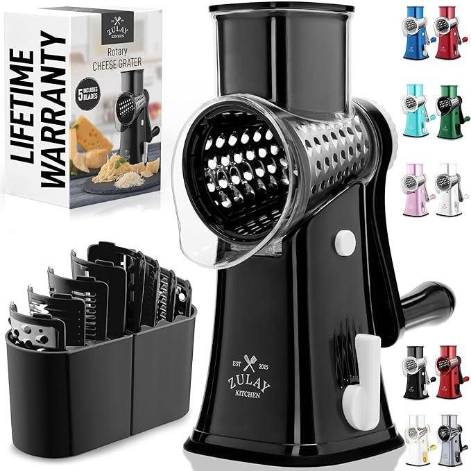 Zulay Kitchen Rotary Cheese Grater 5 Blade Cheese Shredder - Manual Hand Crank Cheese Grater With Reinforced Suction & 5 Interchangeable Drums - Easy to Use, Vegetable Chopper Round Mandoline Slicer by ZulayKitchen