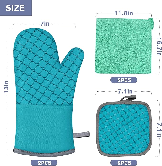 6 Pcs Oven Mitts and Pot Holders, 500℉ Heat Resistant Oven Mitts with Kitchen Towels Soft Cotton Lining and Non-Slip Silicone Surface Safe for Baking, Cooking, BBQ (Lake Blue) - Image 7