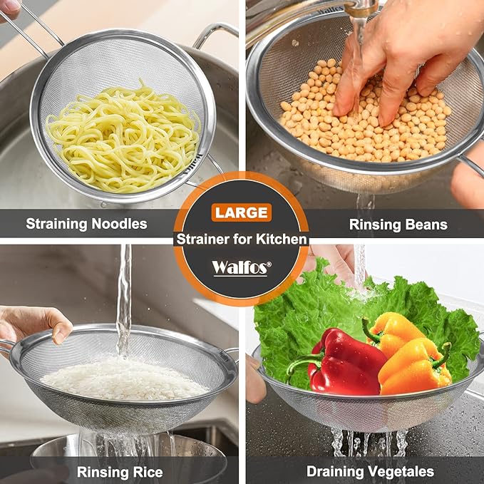 Walfos Large Fine Mesh Strainer 9.35" & 7.8", Stainless Steel Mesh Sieve with Sturdy Handle, Kitchen Metal Food Strainers for Quinoa, Rice, Pasta, Fruits, Vegetables, etc., Set of 2 - Image 2