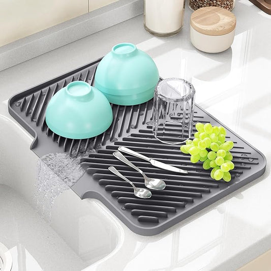 Dish Drying Mat Kitchen Counter - Silicone Dish Drying Pad with Built-in Drain for Sink, Refrigerator and Drawer liner, Easy Clean, Non-Slip, Heat Resistant, 15.8" x 13"