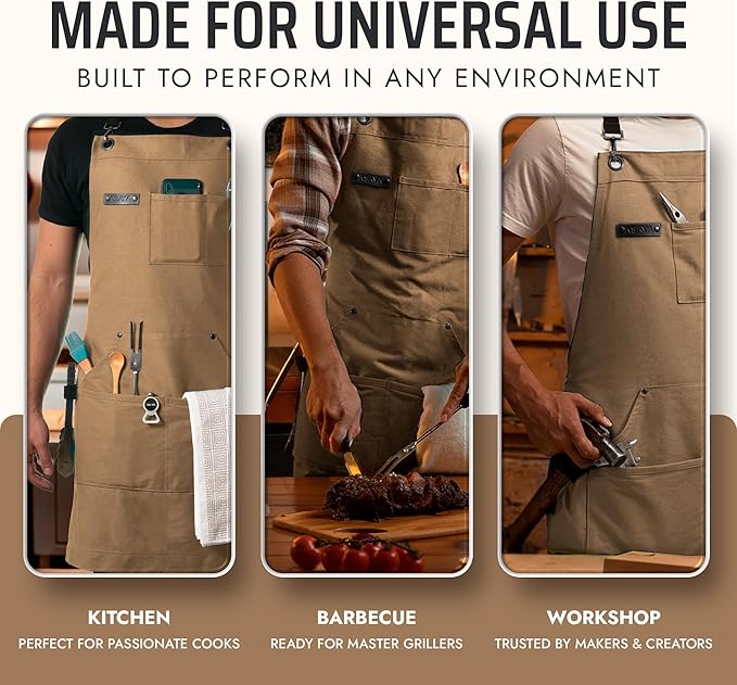 Asaya Chef and BBQ Apron with Bottle Opener and Hand Towel - 10oz Cotton Canvas, Stainless Steel Hardware - Cross Back Straps - Image 7