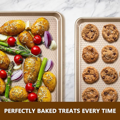 Wildone Baking Sheet Pan Set, Honeycomb Embossed Nonstick Baking Sheet 15x10 In, Thicker Carbon Steel Cookie Sheet, Even Heating Jelly Roll Pan, Champagne Gold, 2 Pack - Image 6