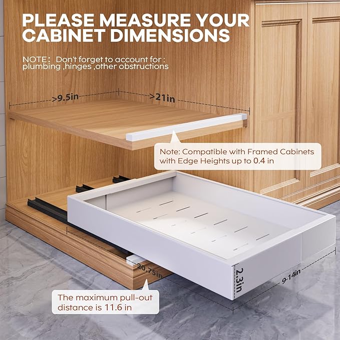 Seinloes 4 Pack Expandable (9"-14") Pull Out Cabinet Organizer 21" Deep With Raising Pad for Framed Cabinets,Upgrade 3 Slide Rails Slide Out Drawers,No Drill Roll Out Shelves Adhesive,White - Image 3
