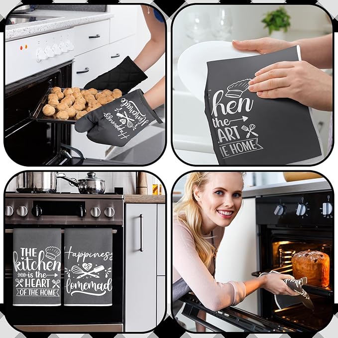 Sratte 6 Pcs Kitchen Decor Accessories Set Farmhouse Towels Pot Holders Oven Mitts Set 2 Dish Towels 2 Potholders 2 Cooking Mittens Oven Glove for Christmas Baking Cooking Supply(Dark Gray,Kitchen) - Image 5