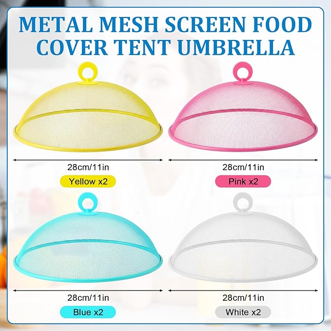 Foaincore 8 Pcs Metal Mesh Food Covers Tent Umbrella 11 Inch Outside Mesh Food Net Tents Dome Screen Plate Covers for Outdoor Picnic Camping Keep out Flies Bugs Mosquitoes (Yellow, White, Pink, Blue)