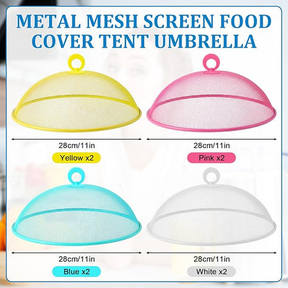 Foaincore 8 Pcs Metal Mesh Food Covers Tent Umbrella 11 Inch Outside Mesh Food Net Tents Dome Screen Plate Covers for Outdoor Picnic Camping Keep out Flies Bugs Mosquitoes (Yellow, White, Pink, Blue)