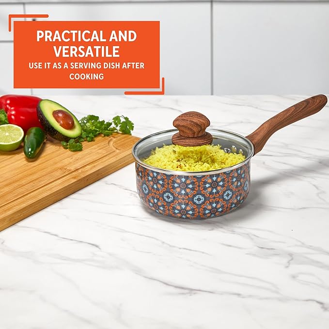 IMUSA 1.5 Quarts Talavera Nonstick Saucepan with Lid, Wood Look and Soft Touch Handle, Ceramic Coated - Image 5
