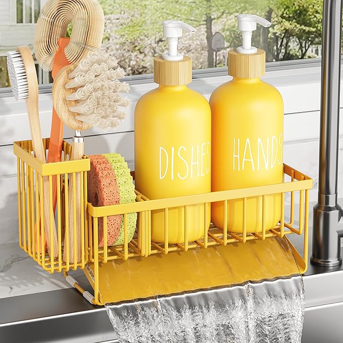 Cisily Yellow Dish Soap Dispenser Set, 16 fl Oz Dual Kitchen Soap Dispensers with Sponge Holder, Customized Stainless Steel Kitchen Soap Dispenser Set, Lemon Kitchen Decor and Accessories - Image 9