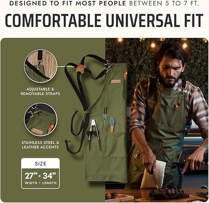 Asaya Chef and BBQ Apron with Bottle Opener and Hand Towel - 10oz Cotton Canvas, Stainless Steel Hardware - Cross Back Straps - Image 5